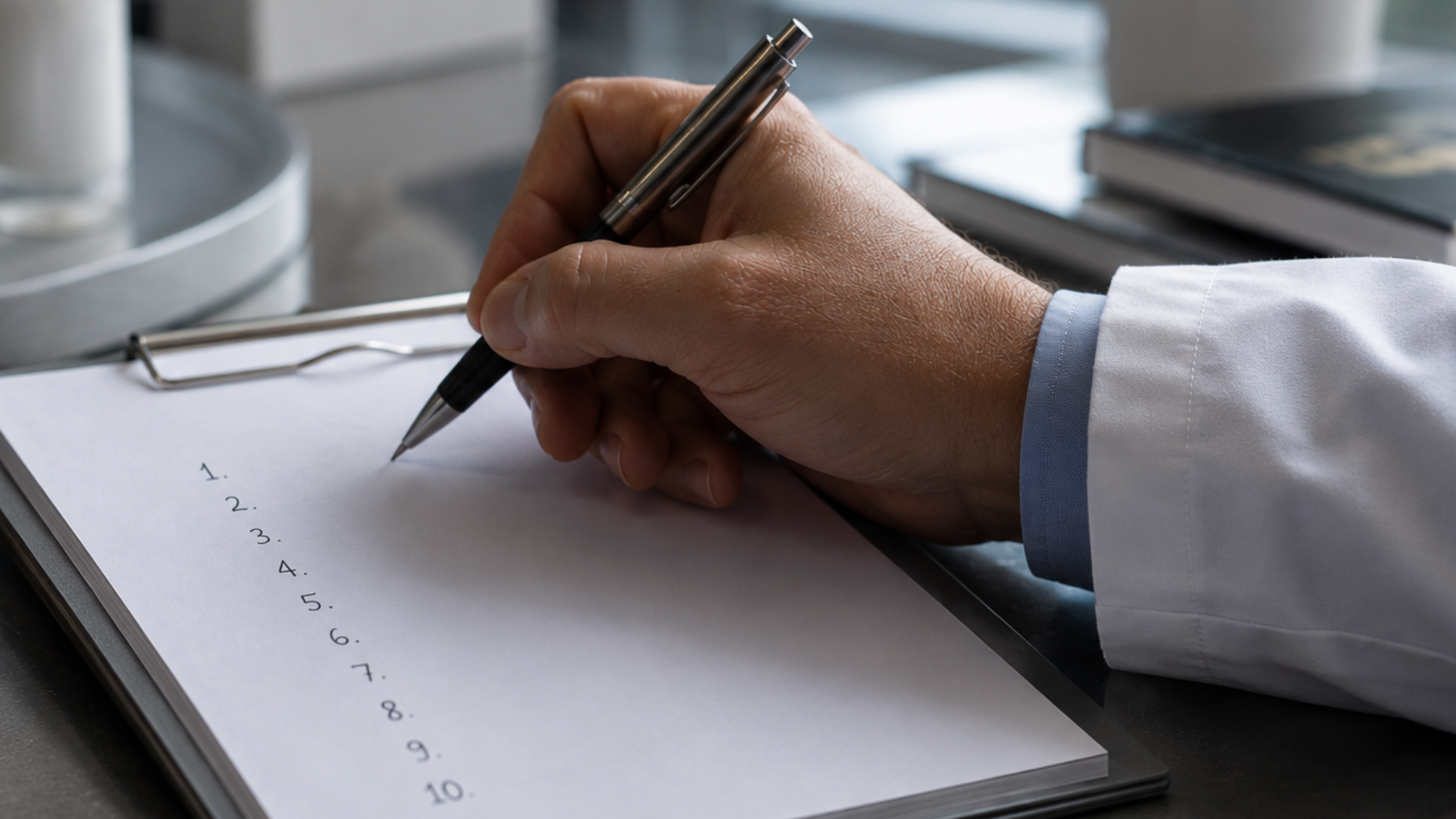 Close-up of a healthcare professional writing on a numbered checklist with a pen on a clipboard in a clinical setting.