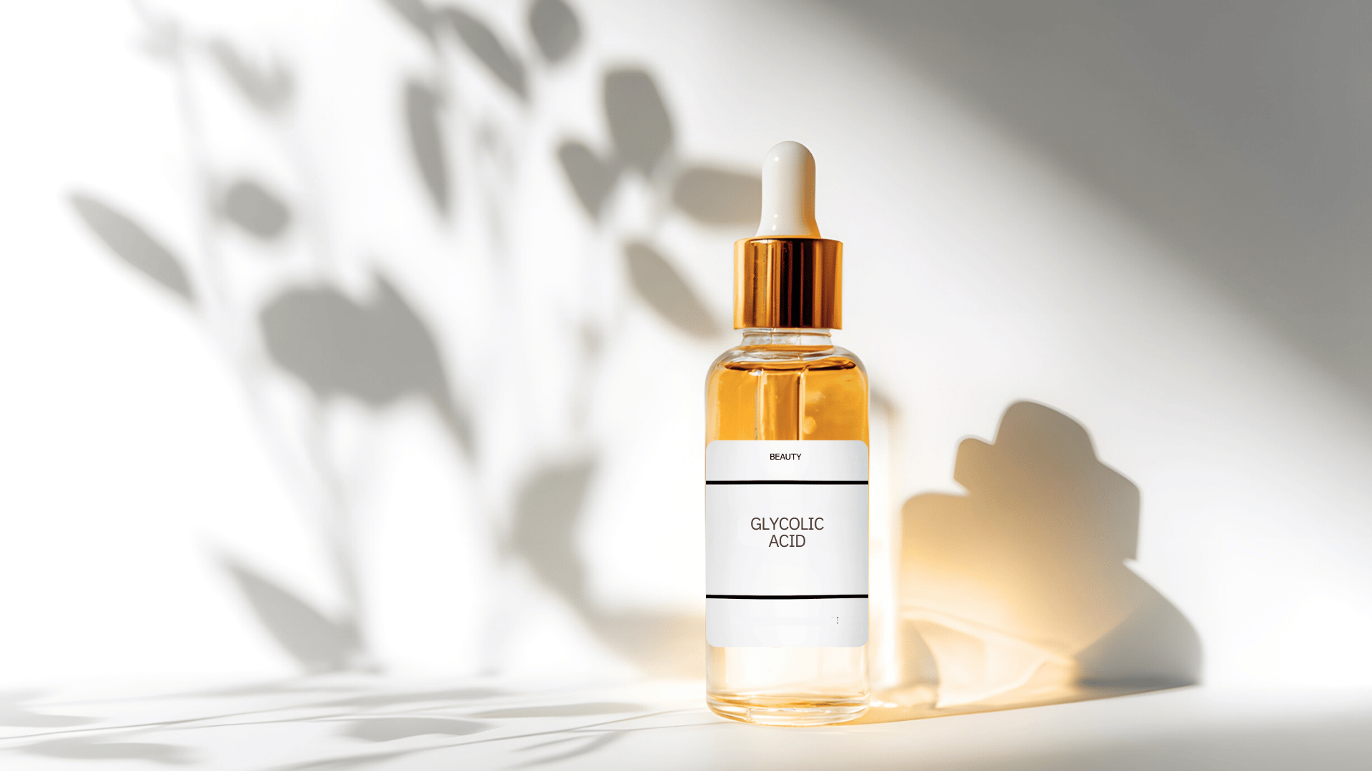Bottle of yellowish product against a white background and there is a shadow of a plant