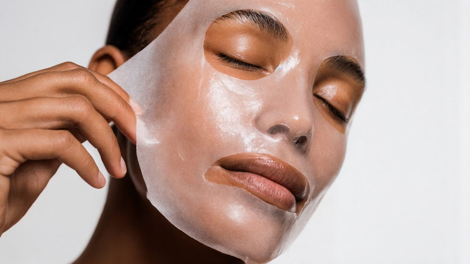 Woman peeling off a glossy facial mask from her skin during a skincare treatment.