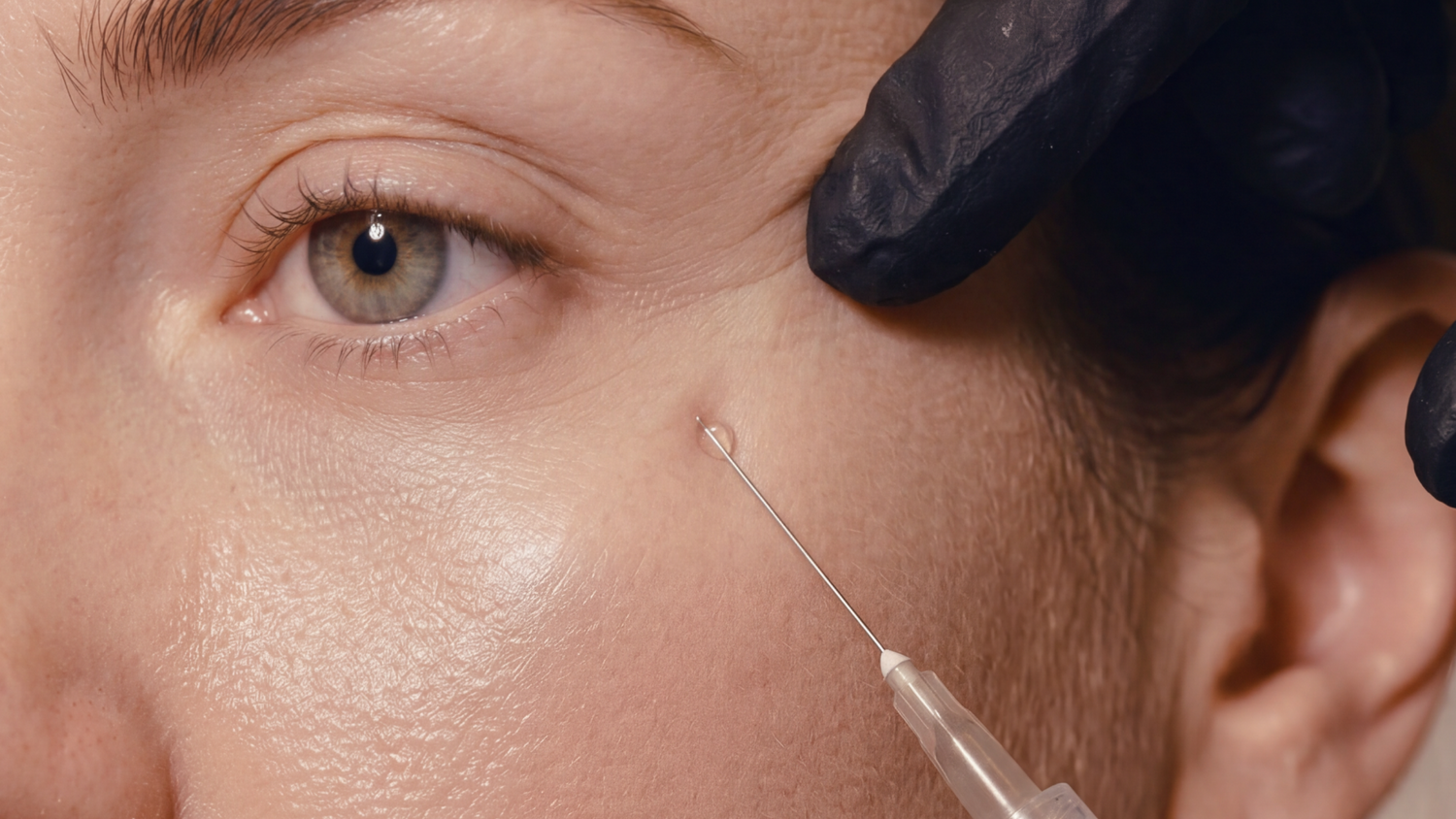 Close up photo of skin showing some wrinkles and a botox needle against the skin