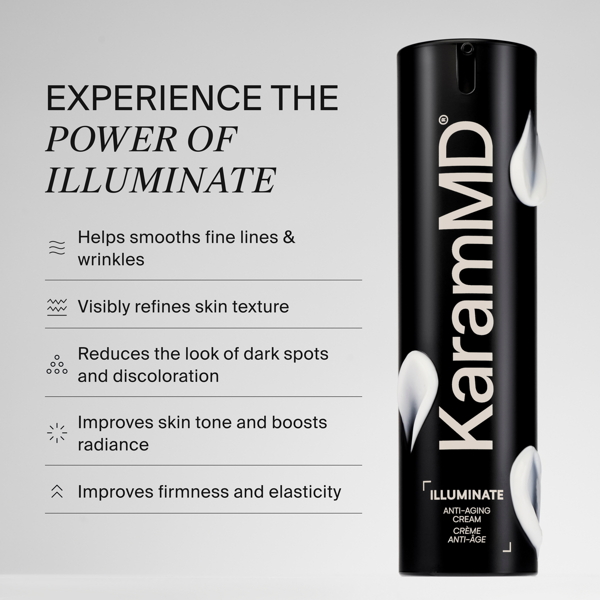 A black cylindrical KaramMD skincare cream canister with white text and decorative white droplet graphics, shown beside marketing text on a light gray background. The text reads 'EXPERIENCE THE POWER OF ILLUMINATE' and lists benefits such as smoothing fine lines, refining skin texture, reducing dark spots, improving radiance, and increasing firmness.