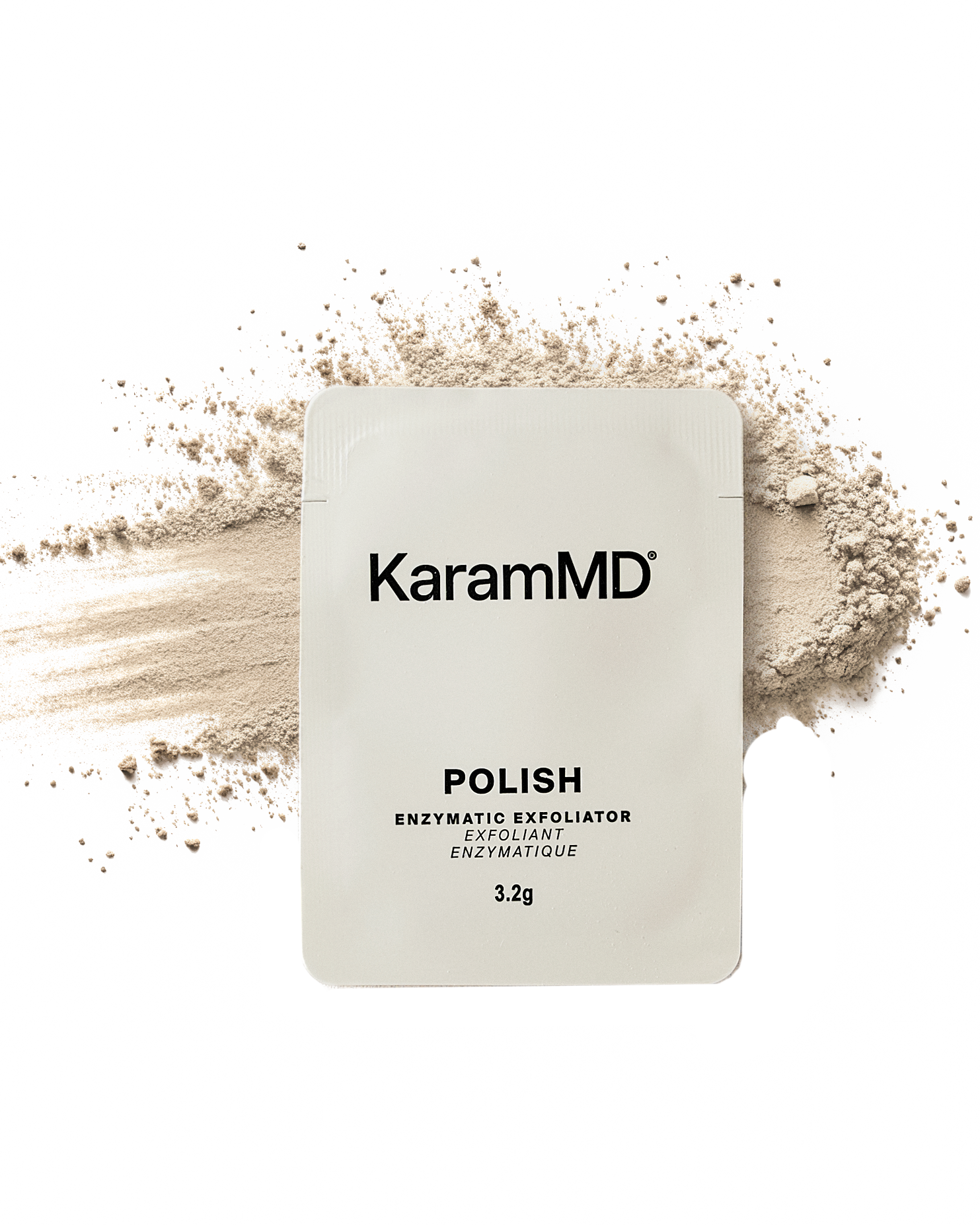 KaramMD Polish Enzymatic Exfoliator packaging with product powder around on a white background