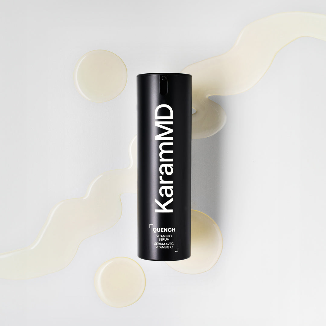 Square-format lifestyle photo showcasing Quench Serum as part of a daily beauty regimen on a clean, modern vanity.