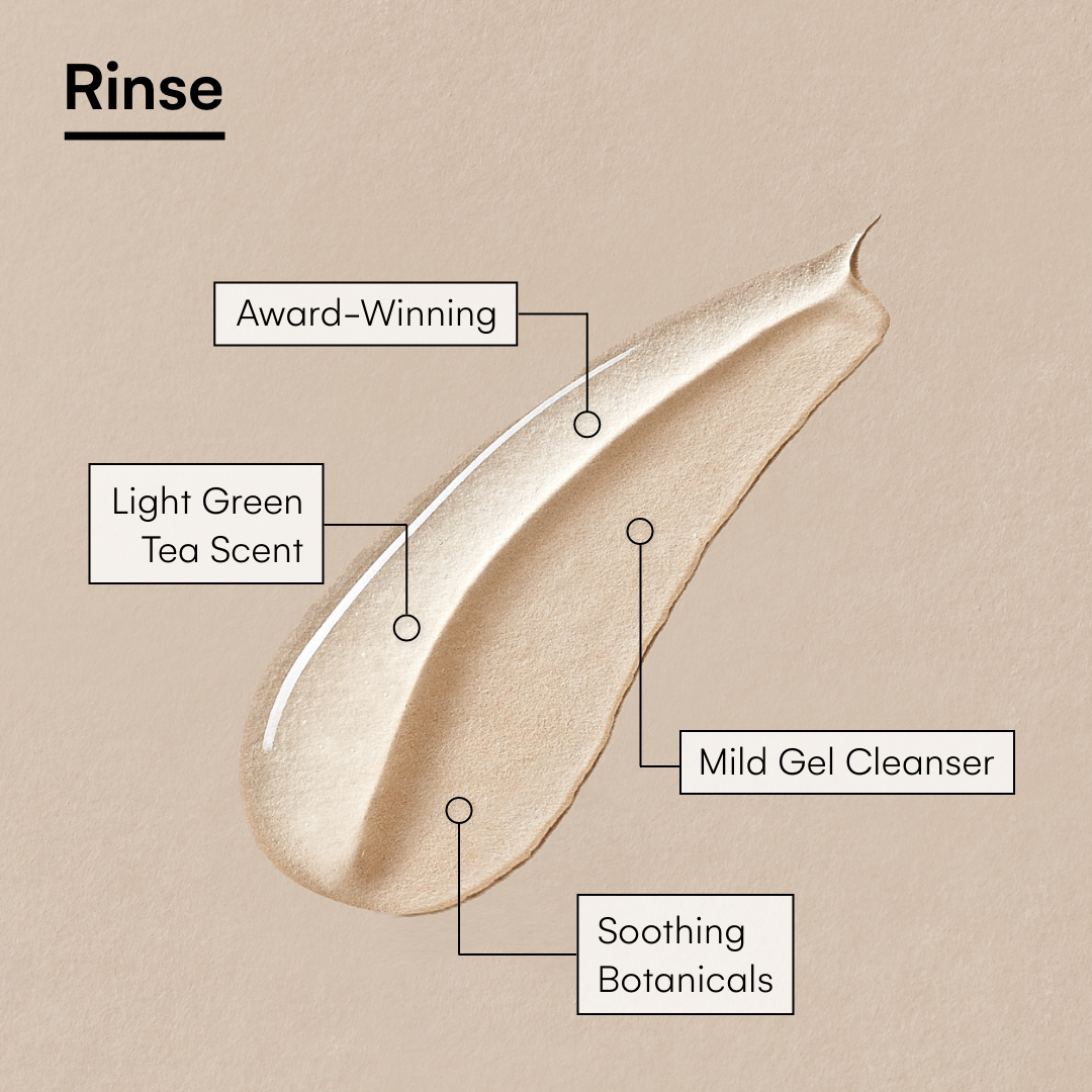 Product infographic labeled “Rinse” featuring a swipe of gel cleanser and callouts for award-winning formula, light green tea scent, soothing botanicals, and mild gel cleanser.