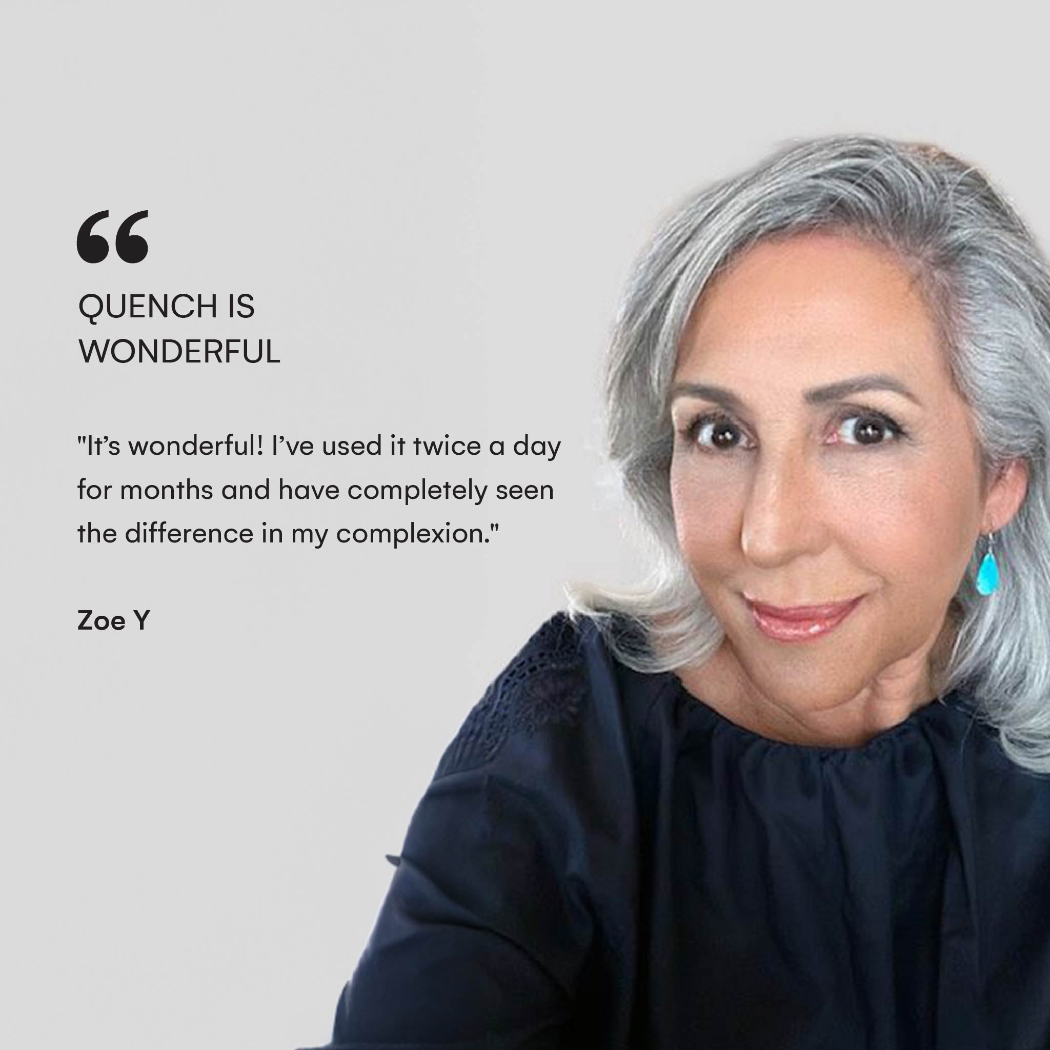 Customer review visual showing real feedback and star ratings for Quench Serum, emphasizing satisfaction and visible results.