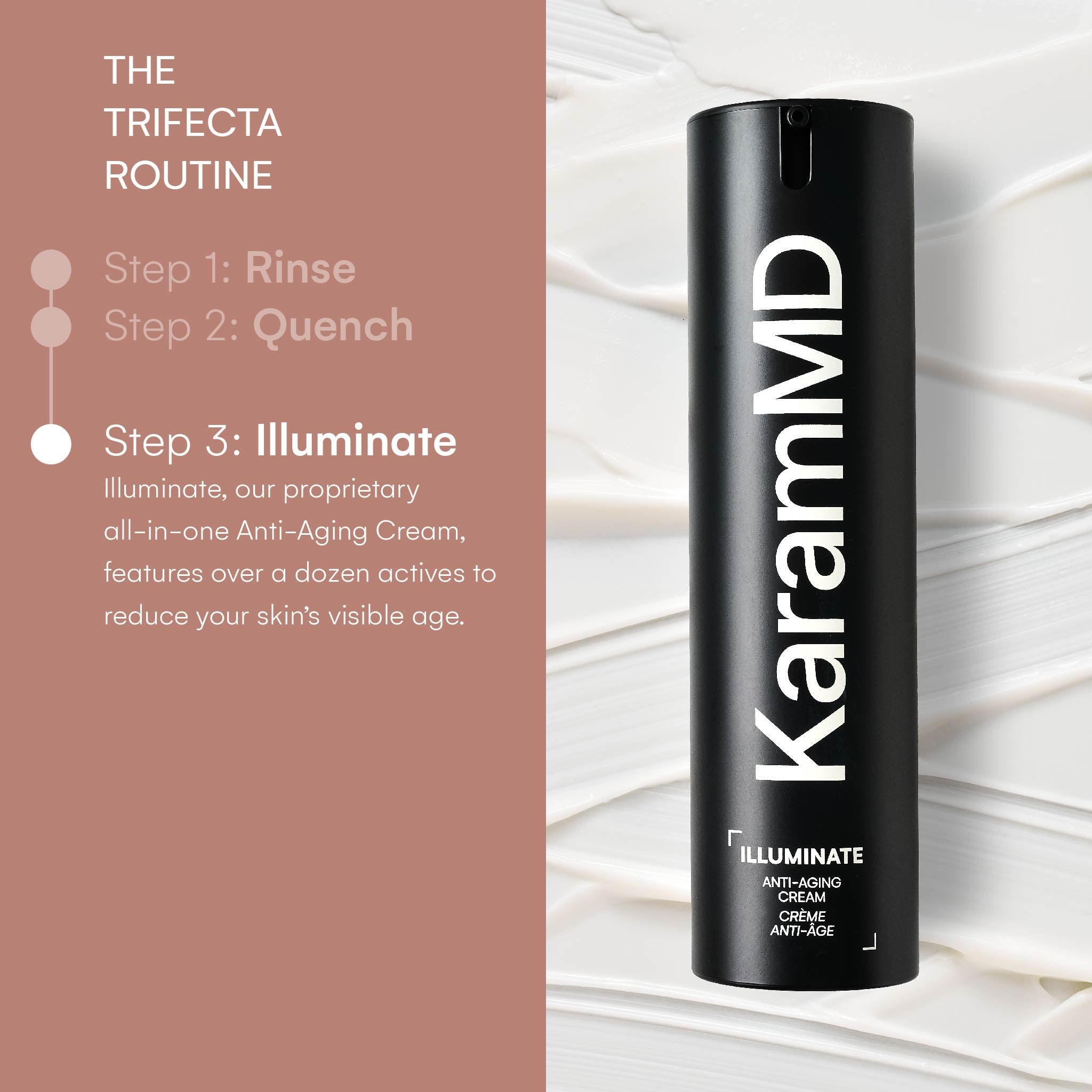 Step-by-step lifestyle image showing Illuminate Anti-Aging Cream applied as part of a skincare routine for firming and hydrating the face and neck.