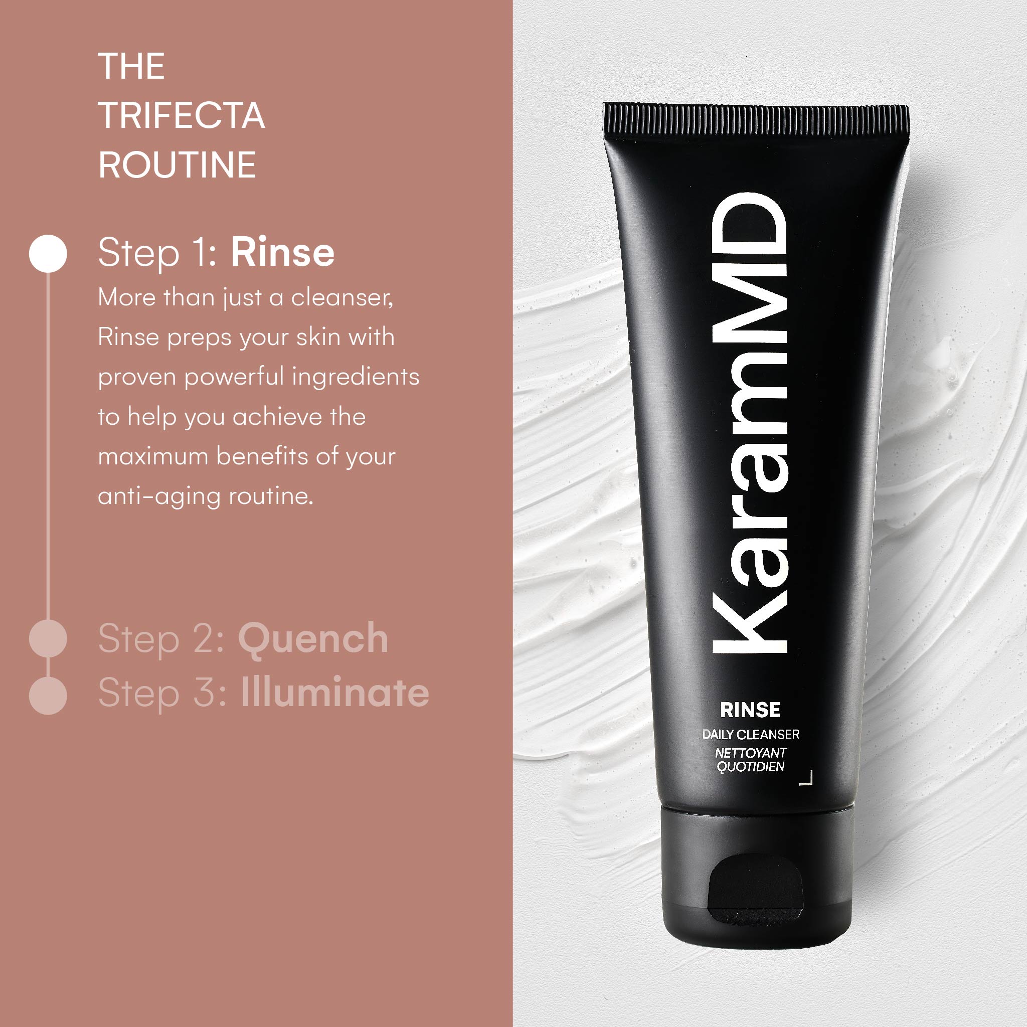 Step-by-step usage image showing how to apply Rinse Daily Cleanser during a daily skincare routine to remove impurities and support skin hydration.