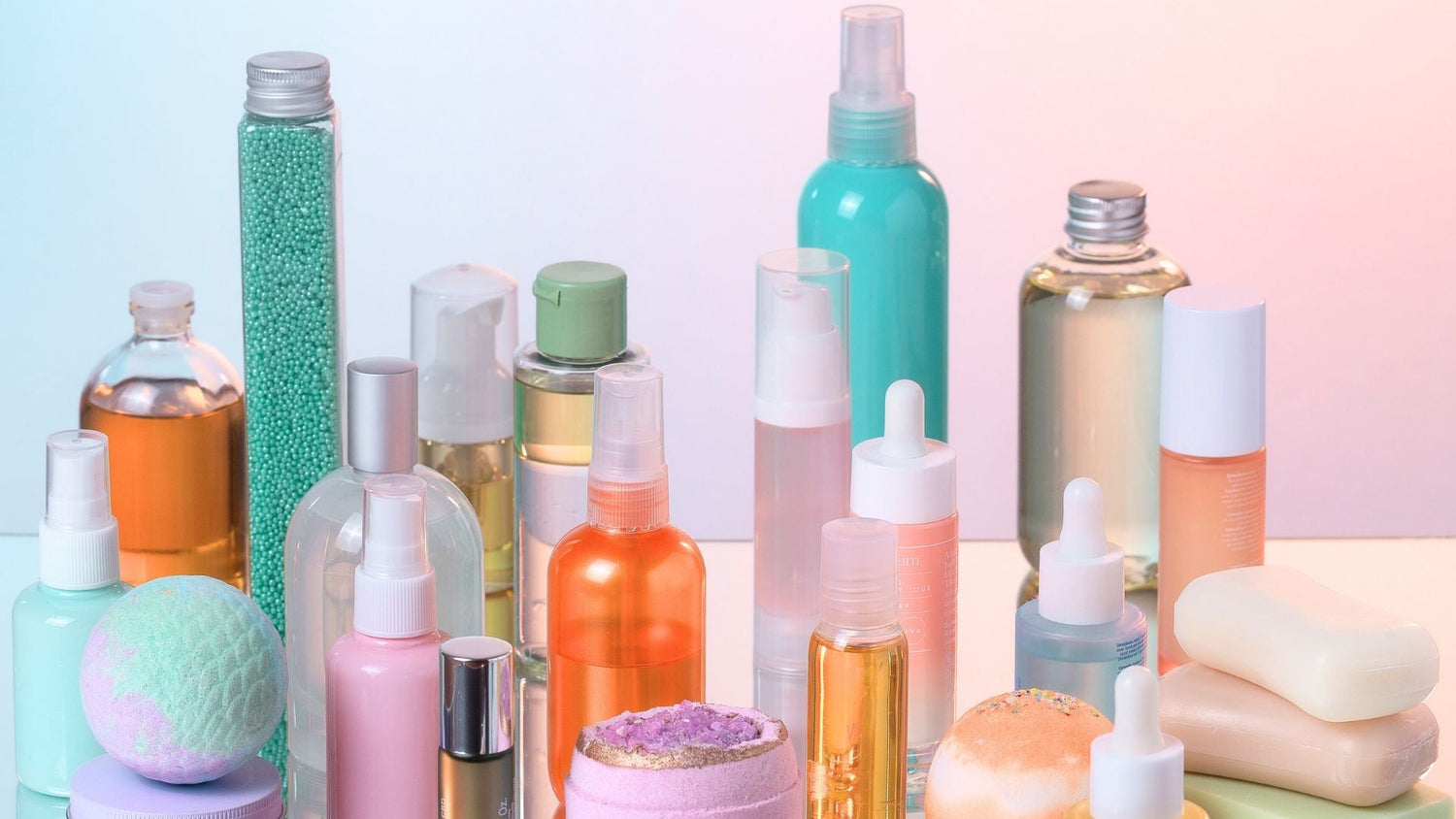 Many colorful products of all sizes against a multi colored background 