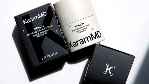 KaramMD skincare products displayed on a bright white surface with black and white packaging.