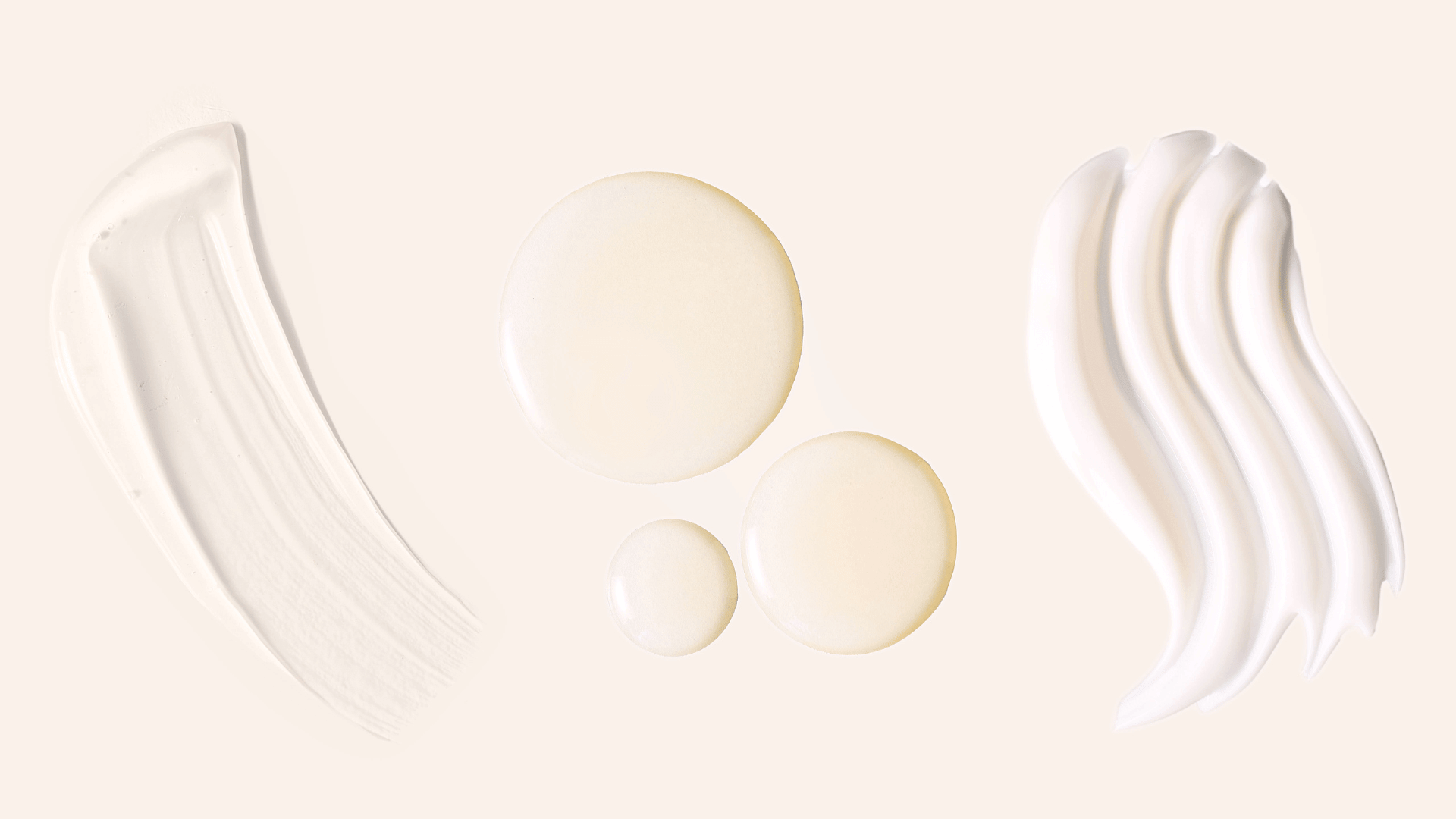 KaramMD Trifecta skincare routine three steps with a swatch of each product spread out on a peach colored background: a daily cleanser, a vitamin C serum, and an all-in-one-anti-aging cream