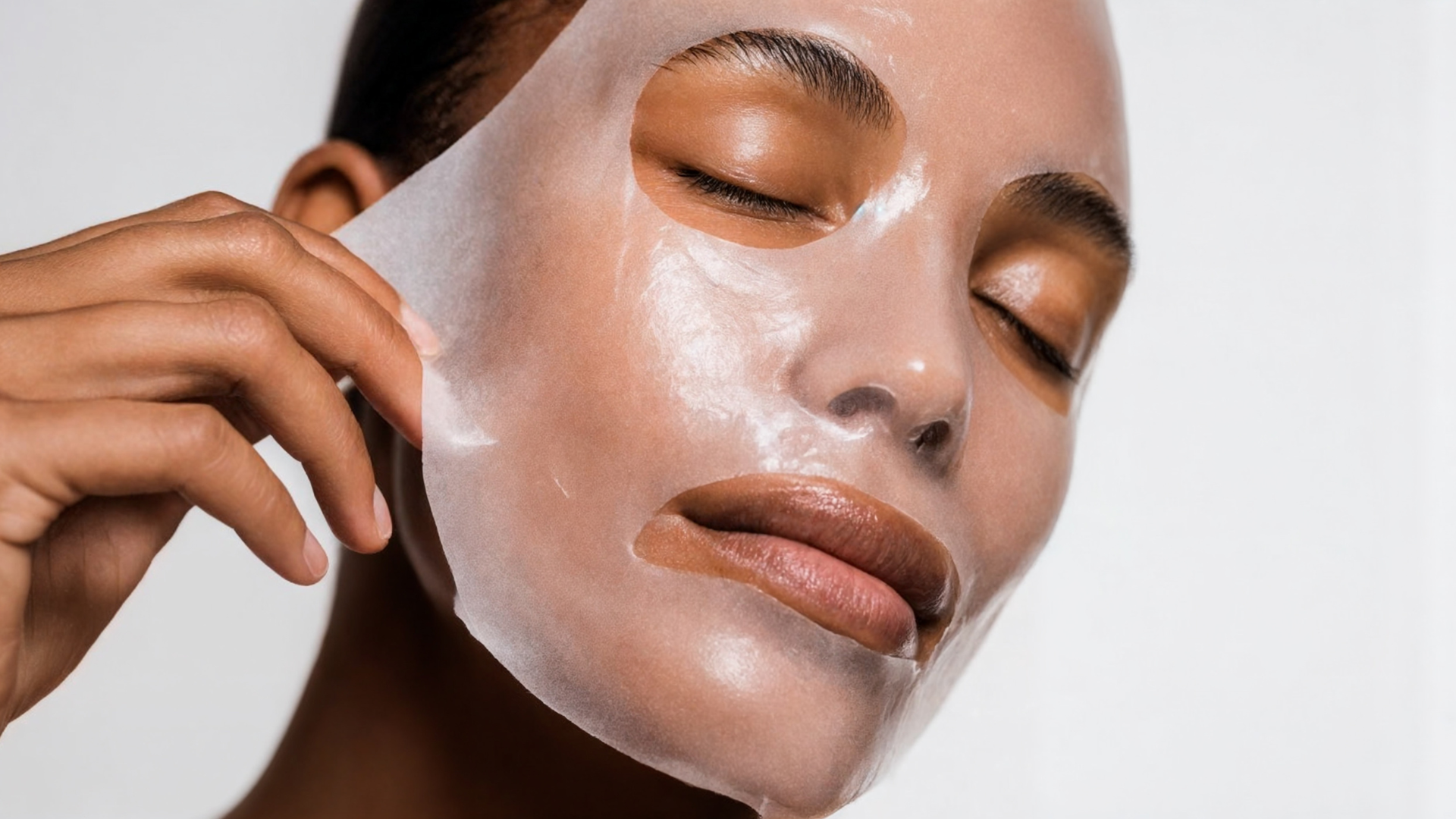 Woman peeling off a glossy facial mask from her skin during a skincare treatment.
