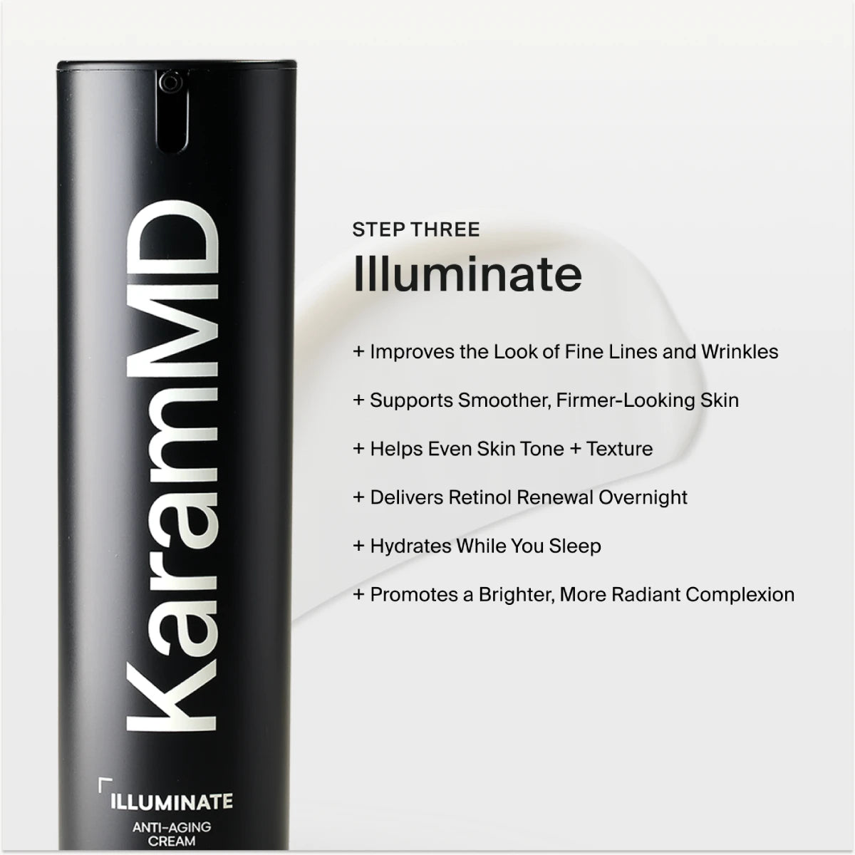Karam MD Illuminate anti-aging cream bottle with product description on a white background
