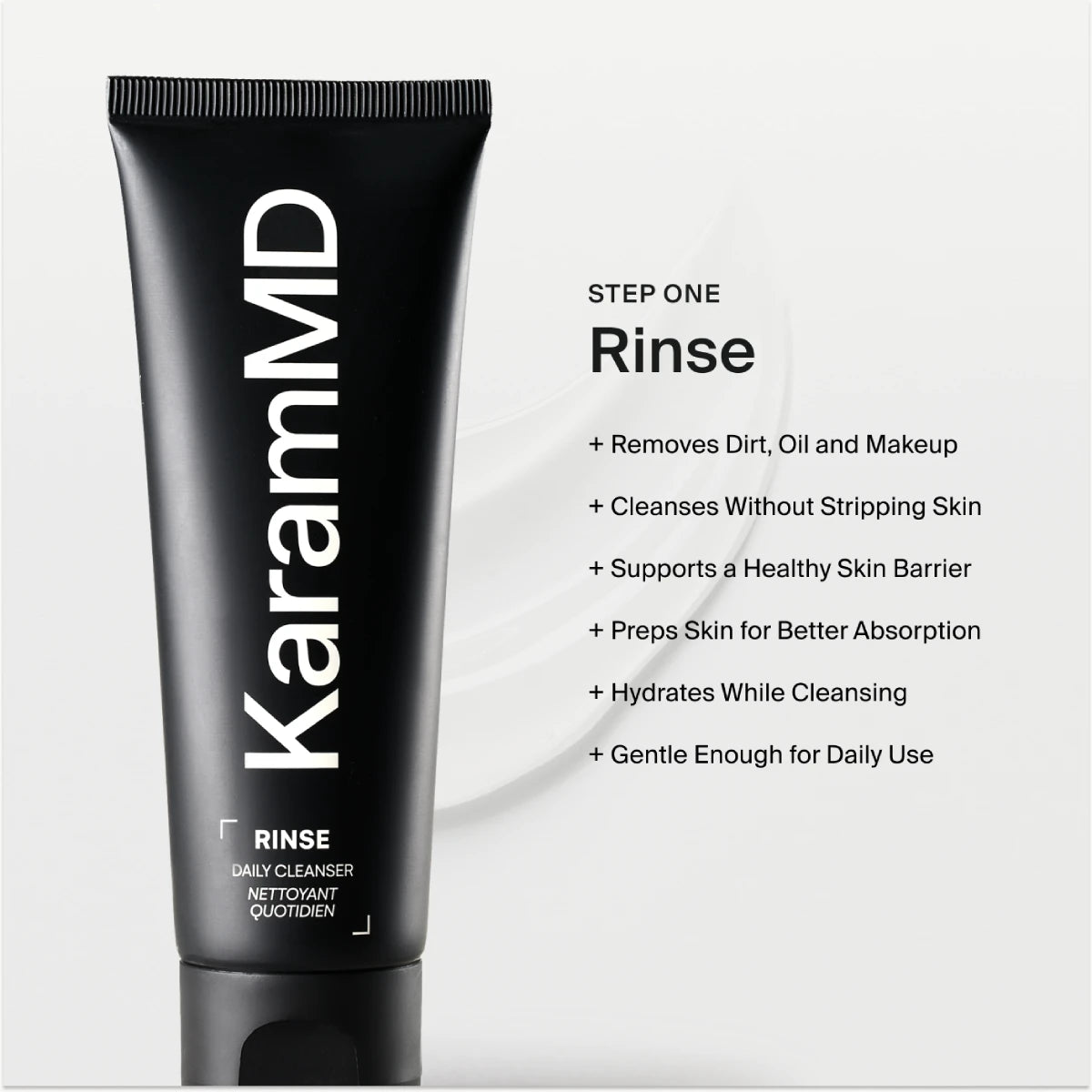 KaramMD daily cleanser tube with text on a white background