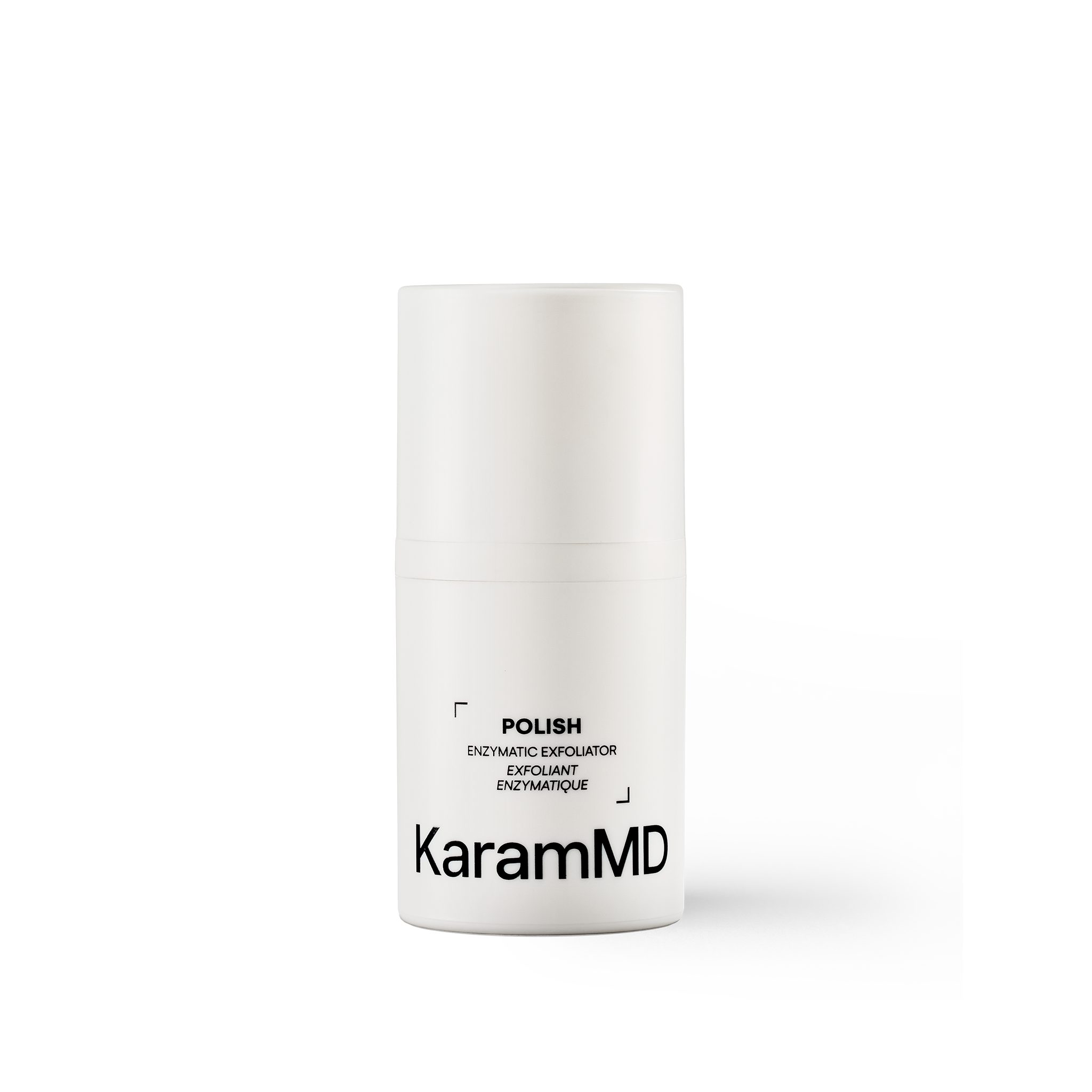 Primary product image of KaramMD Polish Enzymatic Exfoliator on a white background showcasing the clean, modern packaging of the exfoliating powder.
