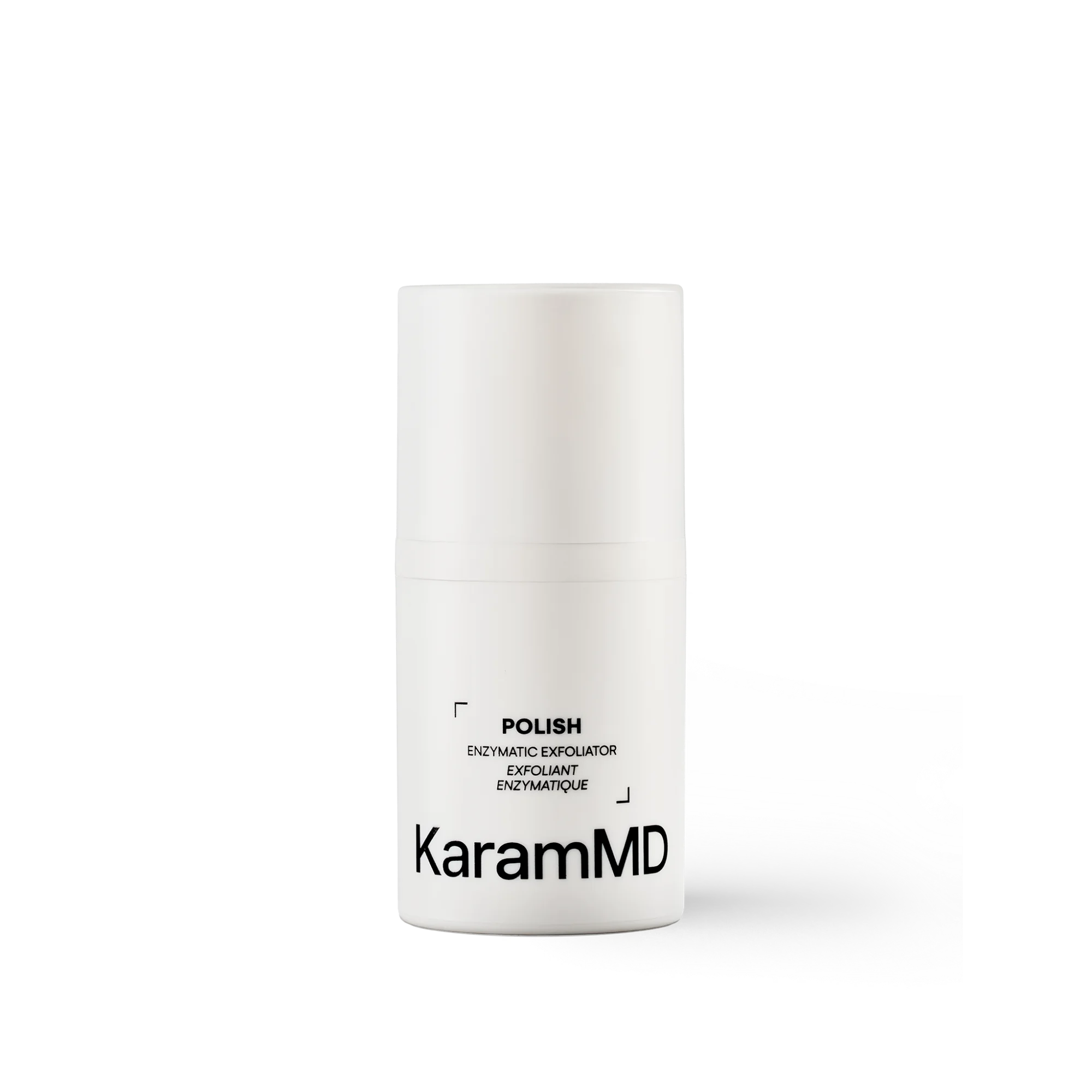 Primary product image of KaramMD Polish Enzymatic Exfoliator on a white background showcasing the clean, modern packaging of the exfoliating powder.