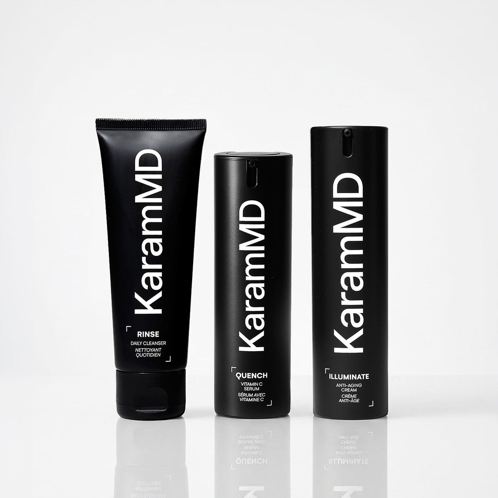 3 KaramMD Skincare products: Rinse Daily Cleanser, Quench Vitamin C Serum, and Illuminate Anti-Aging Cream.