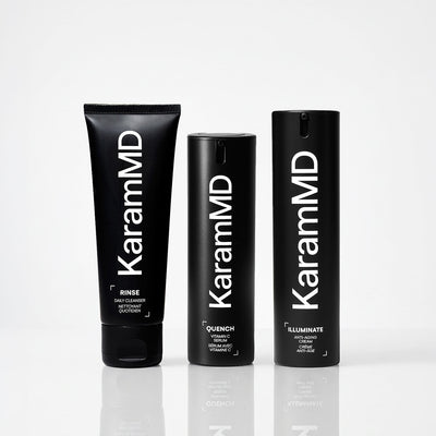 3 KaramMD Skincare products: Rinse Daily Cleanser, Quench Vitamin C Serum, and Illuminate Anti-Aging Cream.