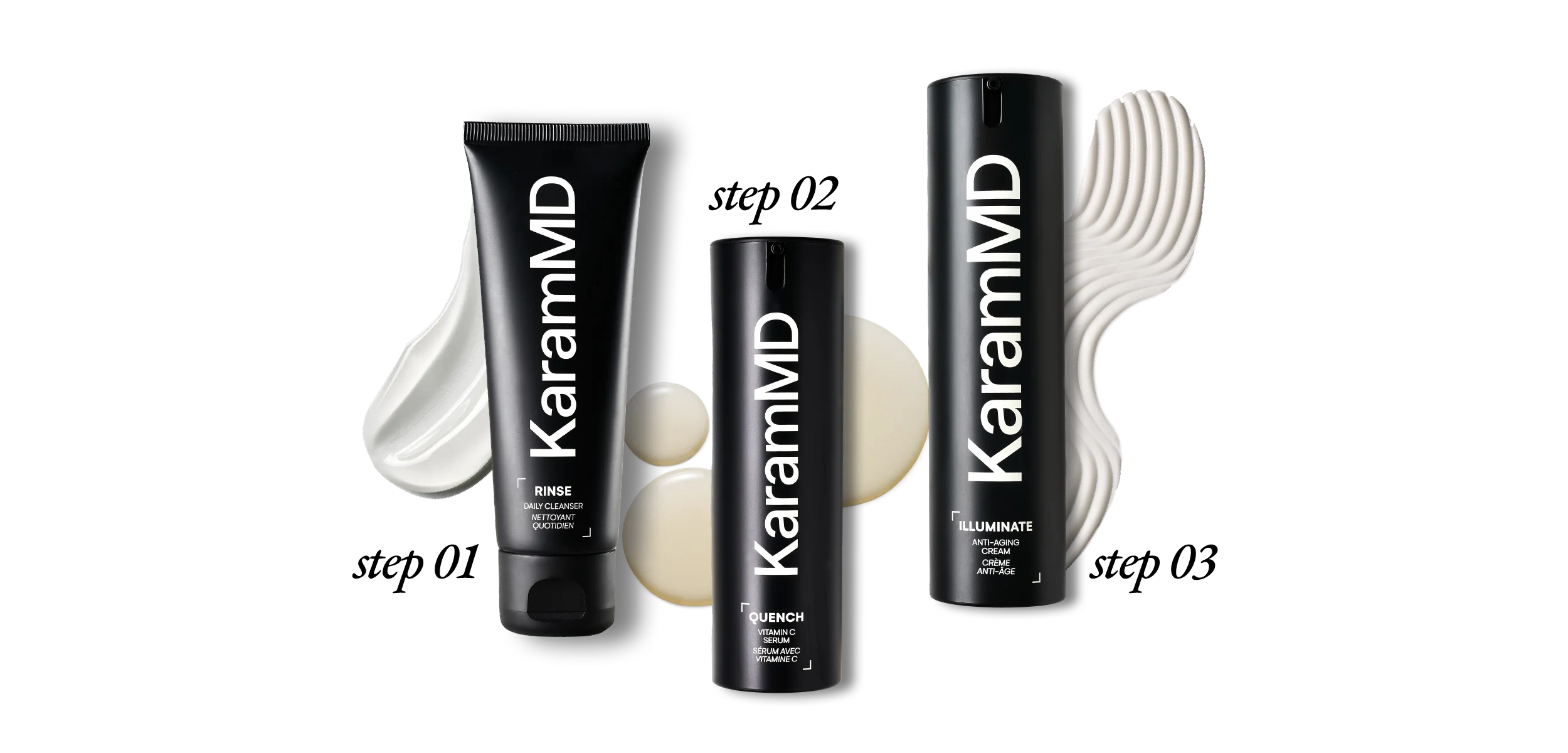 Product image of the KaramMD three-step routine labeled step 01, step 02, and step 03, featuring Rinse cleanser, Quench vitamin C serum, and Illuminate anti-aging cream.